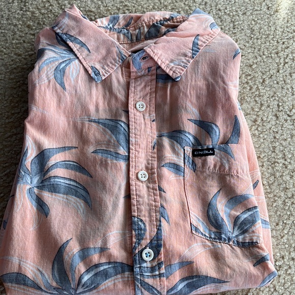 O’neill Hawaiian Shirt Salmon Pink w/ Grey Plams - Picture 2 of 2